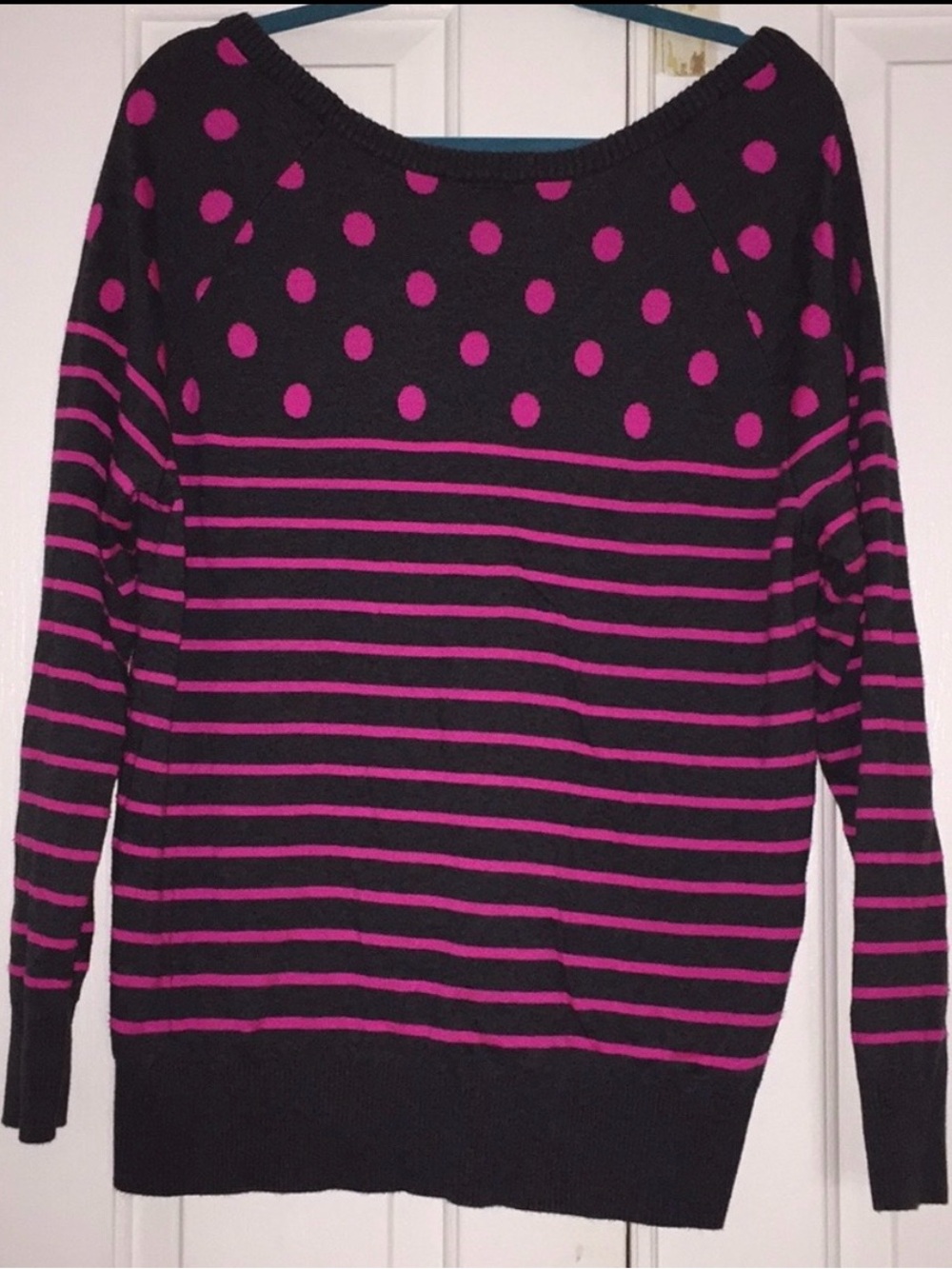 torrid grey and Fuchsia Polka Dot & Stripe Scoop Neck Sweater